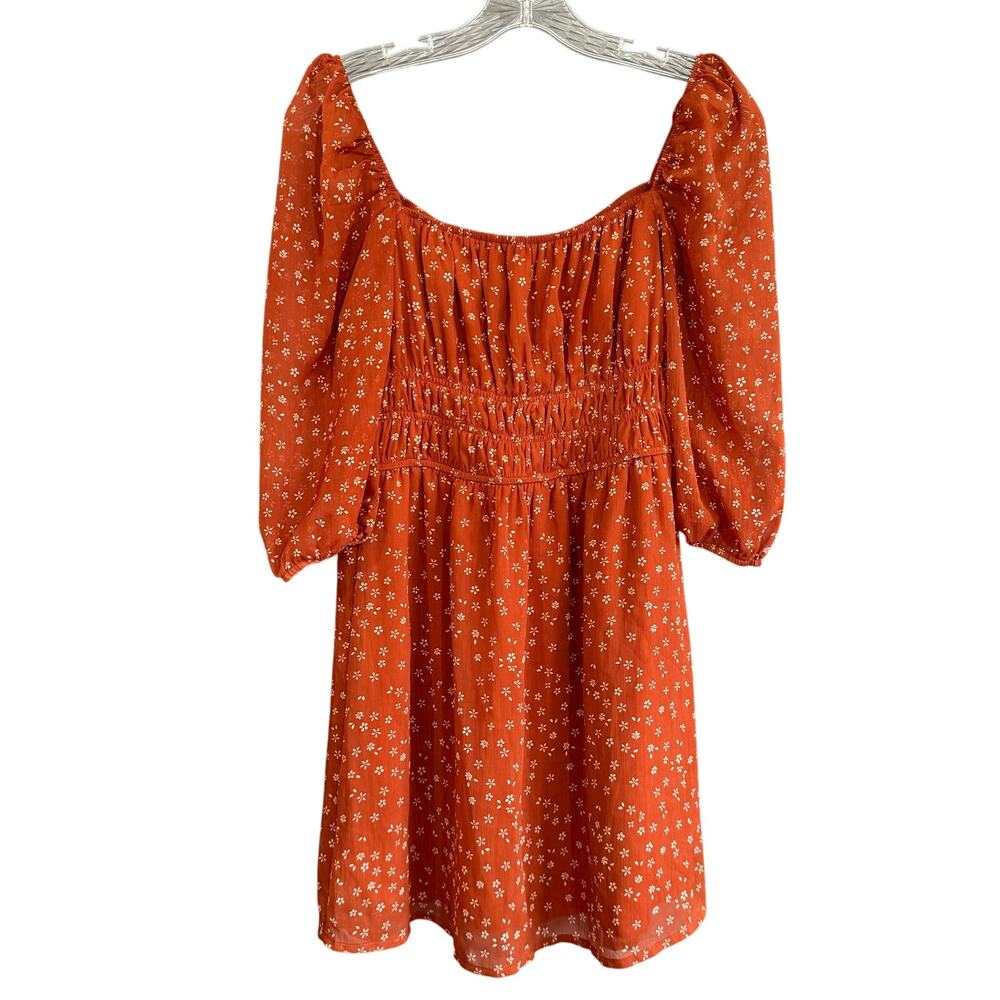 Row A Rust Orange Floral Prairiecore Puff Sleeve Smocked Mini Dress Size M